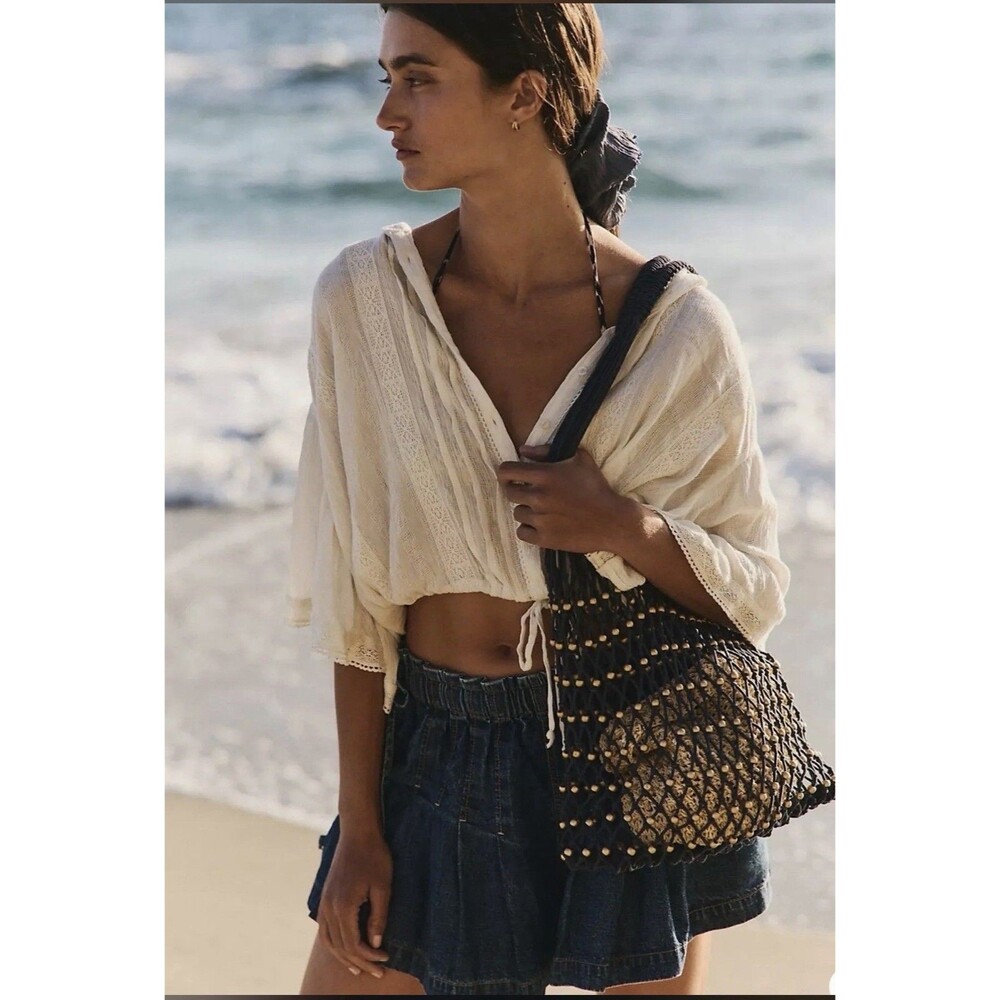 NWT Free People Wishing Well Beaded Bag Blue Macrame Mesh Market Tote Boho